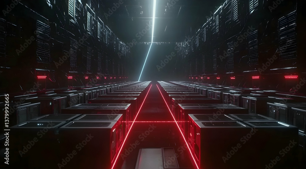 Aufkleber a dark background with an abstract, glowing light beam that leads to rows of metallic boxes in the c