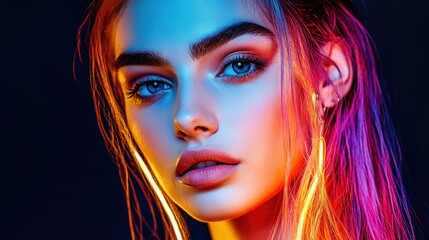 Obraz premium Vibrant portrait of a young woman with striking features against a neon-lit backdrop
