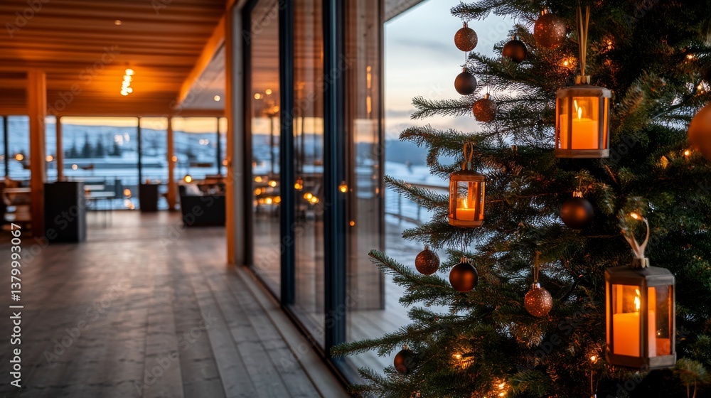 Poster a beautifully decorated tree with lanterns and ornaments brings warmth to a rustic cabin. large wind
