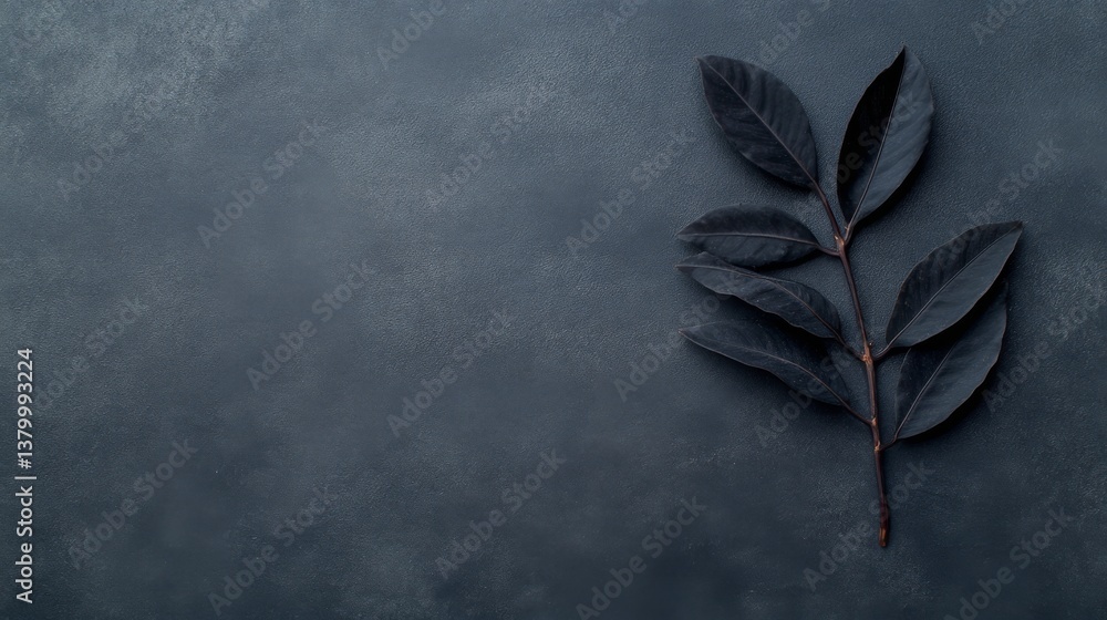 Poster a single tropical leaf with intricate black textures is laid out against a deep gray backdrop, creat