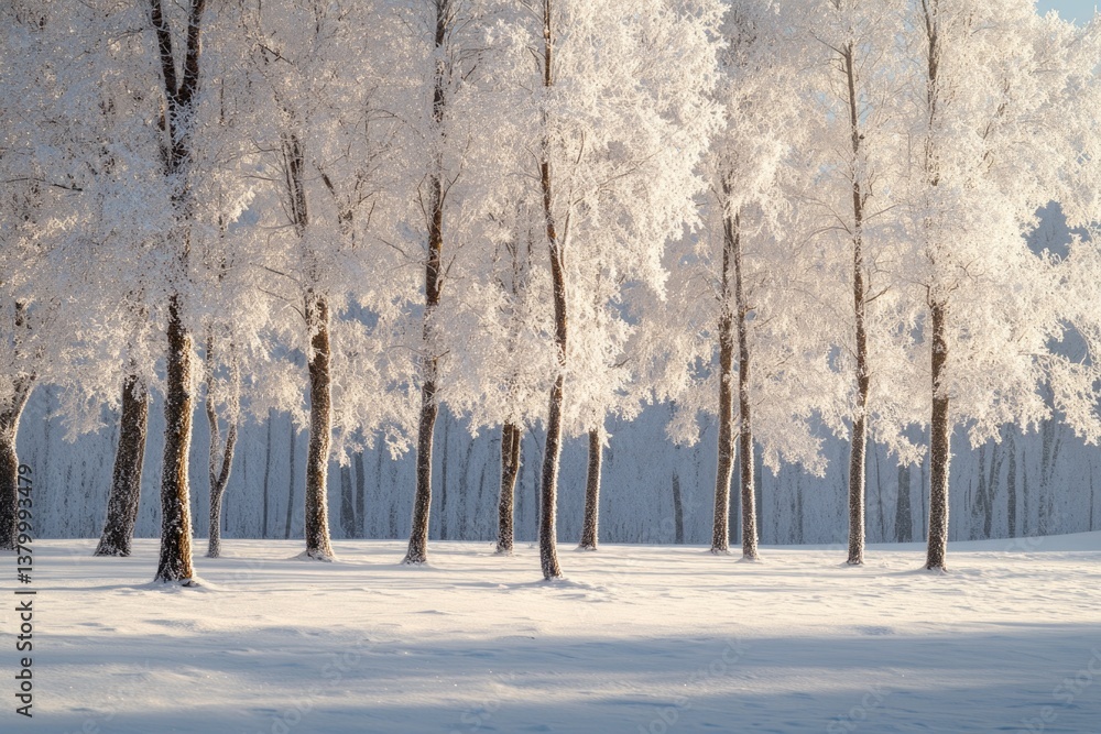 Poster a snowy field with a row of trees in the background. the trees are covered in snow and the sky is cl