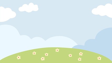 blue sky and cloud on sunny day with tiny flowers on field, paper template decoration, card background .