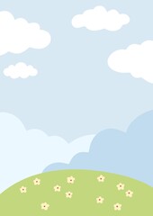 Fototapeta premium blue sky and cloud on sunny day with tiny flowers on field, paper template decoration, card background .