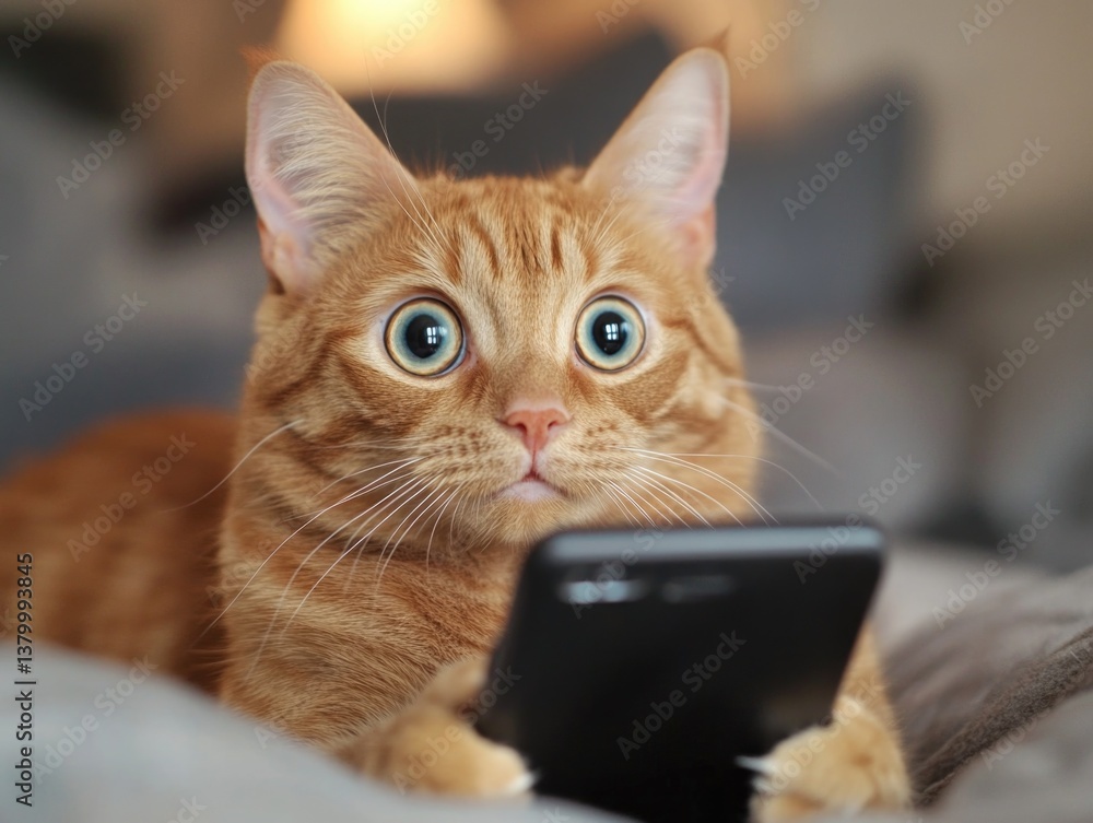 Poster a cat is laying on a bed with a cell phone in its paws. the cat appears to be looking at the phone w