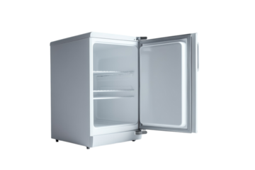 A minimalist open refrigerator showcasing its spacious interior in a bright, modern kitchen setting