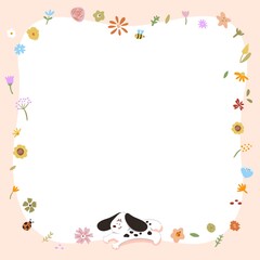 a cute dog is happy on flowers frame template, pink frame, flora blooming border for paper card decoration.