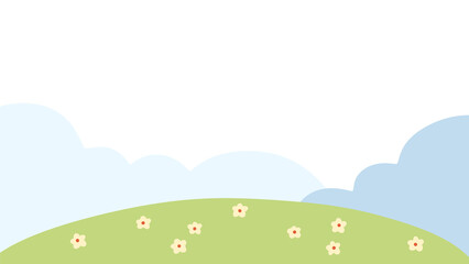 Obraz premium blue sky and cloud on sunny day with tiny flowers on field, paper template decoration, card background .