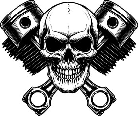 Fototapeta premium skull piston engraving black and white outline 