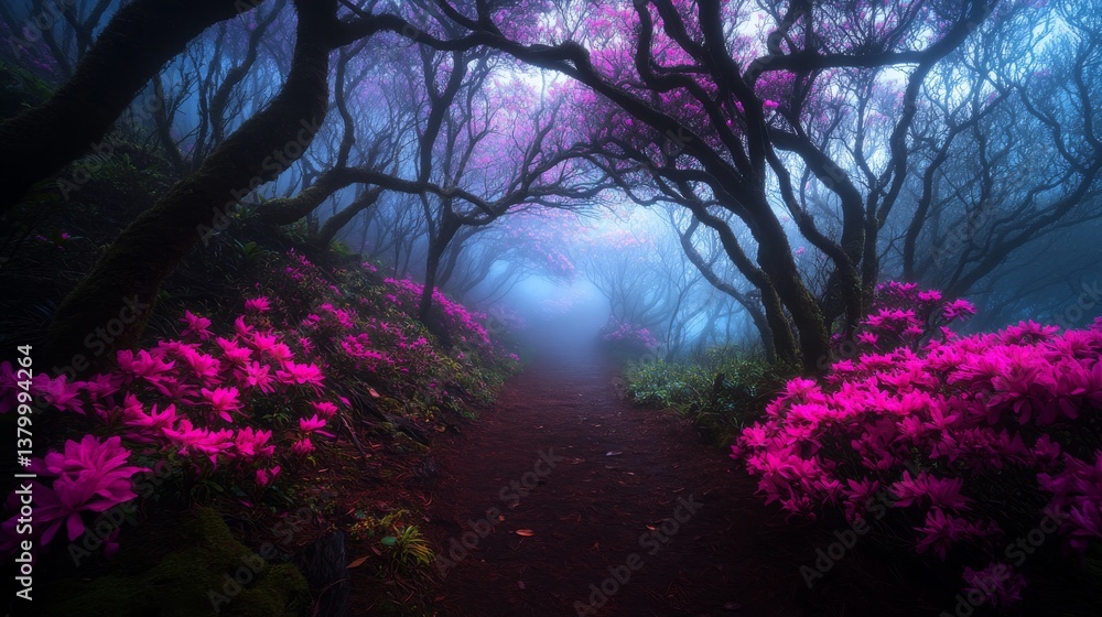 Poster a winding path leads through a misty forest, softly lit by sunlight. pink flowers line the edges, cr