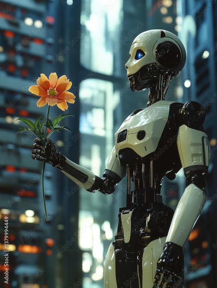 Poster a robot is holding a flower in its hand. the robot is standing in a city with tall buildings in the 
