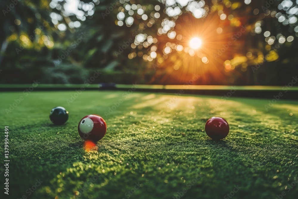 Poster a close-up view of a billiard table with colorful balls under warm sunlight, creating a vibrant and 