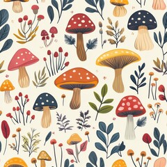 Botanical Design and Nature Aesthetic. A whimsical pattern of colorful mushrooms and foliage showcasing nature beauty.