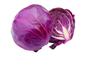 Obraz premium Vibrant purple cabbage half reveals intricate layers and textures on a clean white background