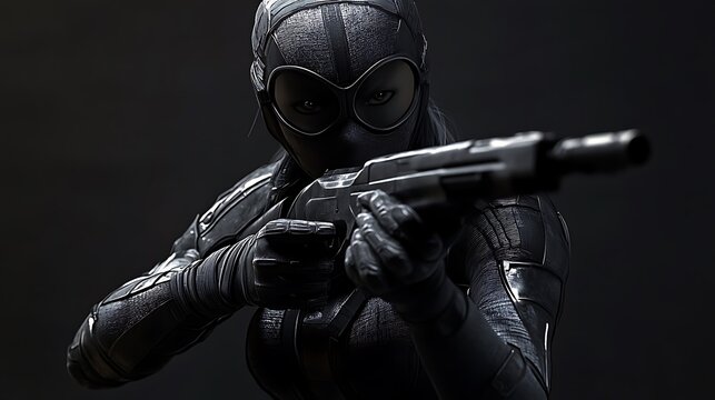 A person in a stealth suit holding a firearm stares forward