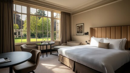 Naklejka premium Luxurious bedroom features a high beige leather headboard, soft natural light from large windows, and timeless decor, creating a serene atmosphere for relaxation