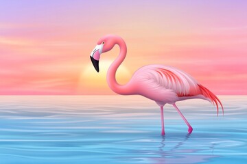 Fototapeta premium A minimalist illustration of a flamingo standing in clear Florida waters with a soft gradient sunset