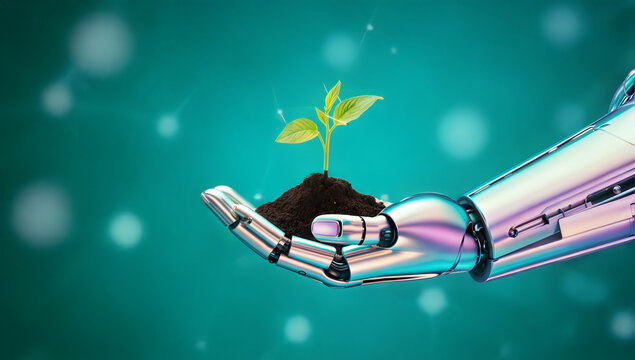 A robotic hand plants a sprout &ndash; a union of technology and nature