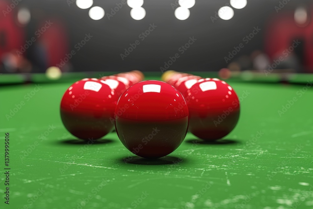 Poster a close-up view of red snooker balls arranged on a green table, with blurred lights in the backgroun