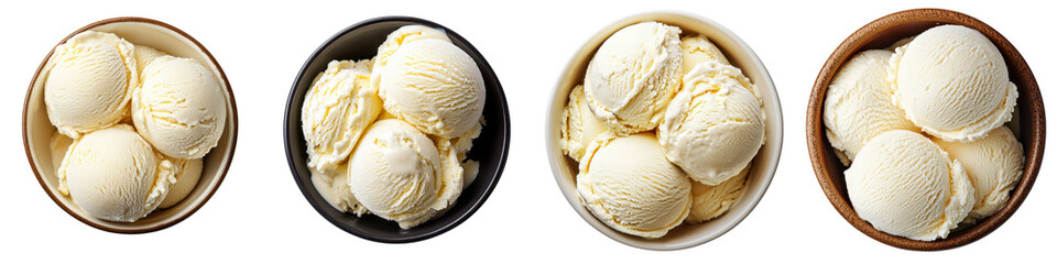 Close up view of several scoops of rich creamy vanilla ice cream served in small bowls ready to be enjoyed as a refreshing indulgent dessert