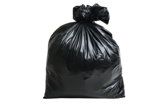 Noisy winds swirl around a large black trash bag waiting for disposal on a sunny afternoon