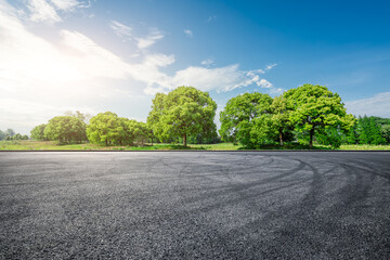 Asphalt race track ground with tire marks and green trees nature landscape
