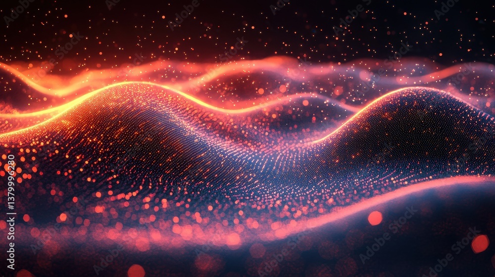 Poster glowing ethereal wave of digital energy and light particles flowing in vibrant cosmic motion effect 