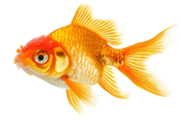 A vibrant goldfish swims gracefully in clear water, showcasing its radiant orange and white colors