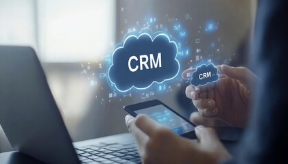 Naklejka premium Businessman Accessing Cloud-Based CRM Solutions with Mobile Device, Conceptualizing Mobility