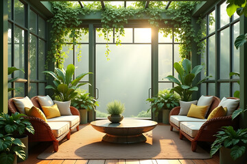 Fototapeta premium Nature-inspired sunroom with rattan sofas, climbing greenery, and soft daylight for a refreshing, eco-friendly hideaway