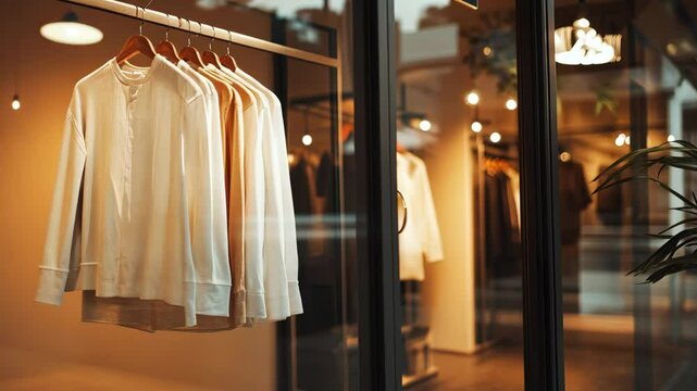 Elegant fashion display window with hanging white clothing in modern boutique