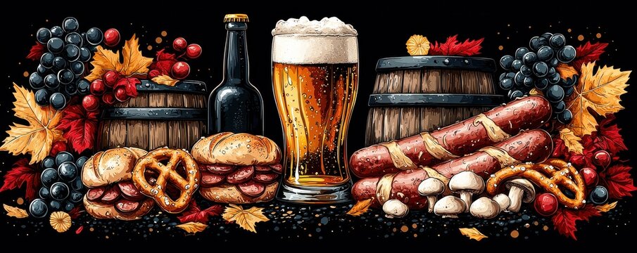 Festive arrangement of beer, sausages, and pretzels with autumn decor