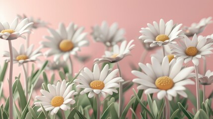 A vibrant field of daisies blooming against a soft pink background, evoking a sense of tranquility and joy