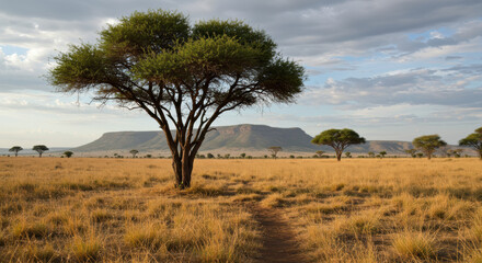 Obraz premium A wide landscape view of an acacia tree in the african savannah under a cloudy sky.