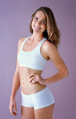 Studio, woman and portrait of body with underwear for weight loss, progress and healthy diet....