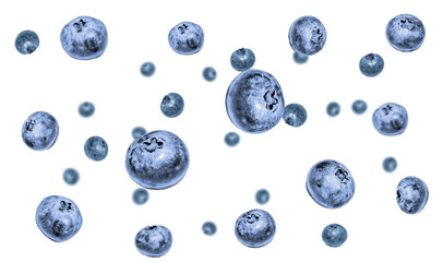 Splash blueberries in air. falling fruit isolated on transparent background.