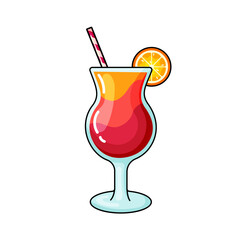 Delicious summer cocktail isolated without background. Red, pink cocktail with straw and slice of orange in a black outline. Vector illustration