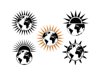 Earth Globe with Solar Rays Silhouette Vector Graphic