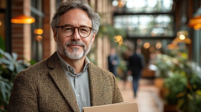 Portrait of a confident and thoughtful mature businessman with gray hair and a beard wearing glasses in a pensive and insightful pose in an urban setting