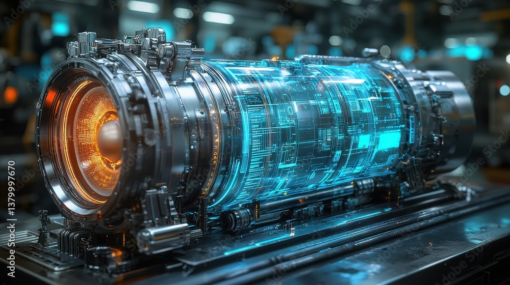 Poster futuristic high tech engine turbine with intricate digital abstract design showcasing advanced indus