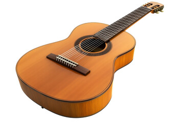 Fototapeta premium A beautifully crafted acoustic guitar resting on a wooden surface in warm afternoon light