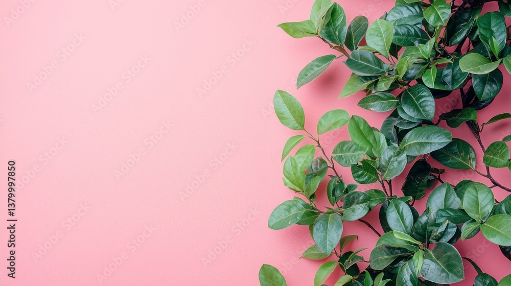 Aufkleber lush green leaves cascade elegantly over a subtle pink backdrop, creating a delightful fusion of nat