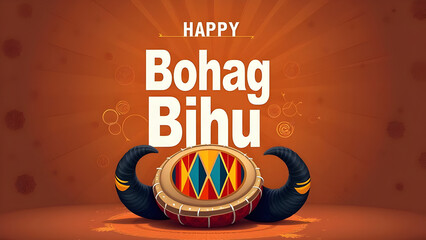 Festive Happy Bohag Bihu Drums: Vibrant Traditional Dhol Illustration for Assamese New Year Celebrations and Cultural Events