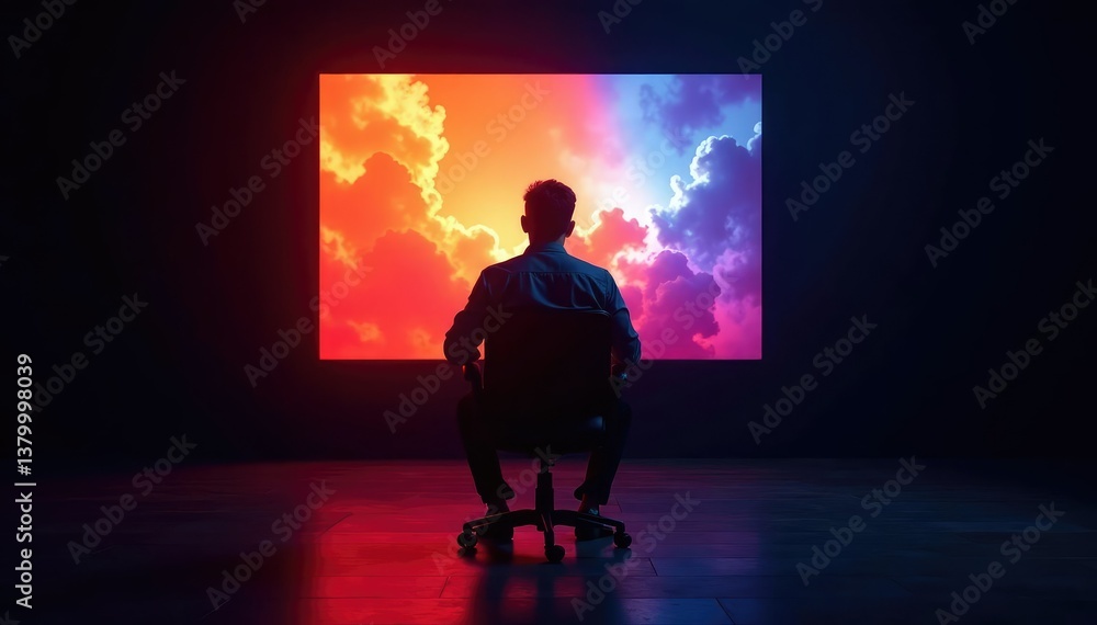 Wall mural empty chair facing a glowing screen, dark room , internet, network, purple