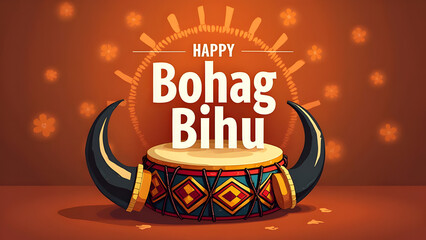 Festive Happy Bohag Bihu Drums: Vibrant Traditional Dhol Illustration for Assamese New Year Celebrations and Cultural Events