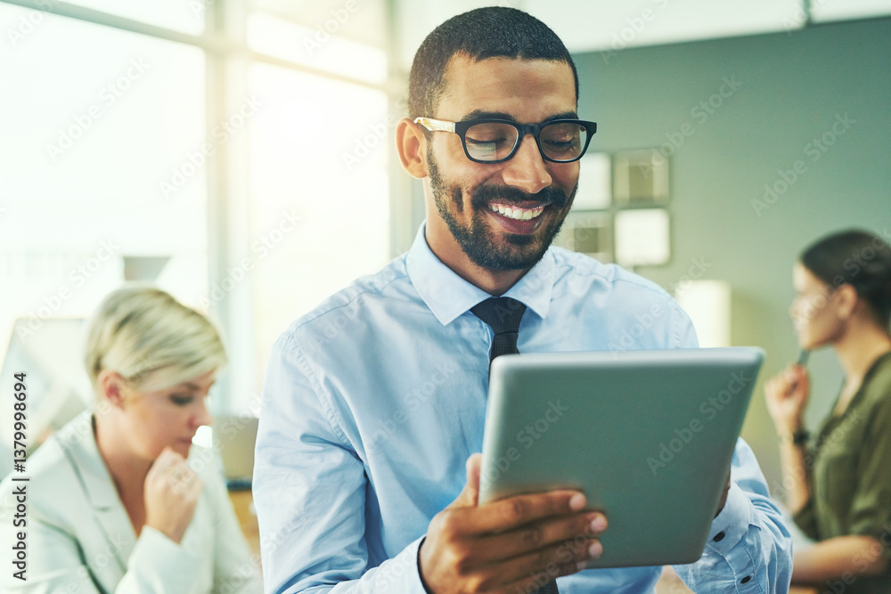 Aufkleber man, tablet and happy with reading in office, meeting or thinking for progress, solution or notes on