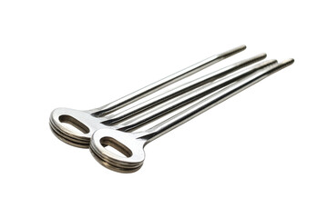 Obraz premium Shiny steel skewers arranged in an artistic display on a minimalist white background