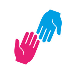 Obraz premium Two stylized hands, one blue and one pink, reaching toward each other on a white background, symbolizing help, connection, and solidarity.