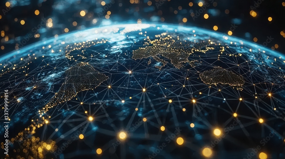 Poster glowing global network of interconnected digital lights and data points across the world at night fu