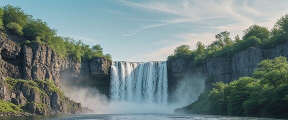 Majestic Landscape with Cascading Waterfall and Lush Greenery.