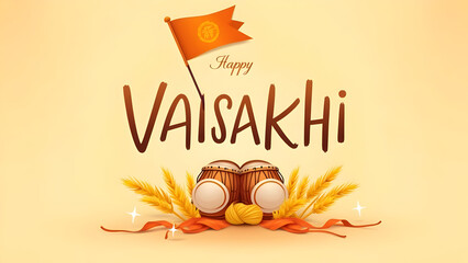 Naklejka premium Vibrant Happy Vaisakhi Celebration: Traditional Sikh Flag, Drums, Wheat, and Lassi Illustration for Harvest Festival Greetings